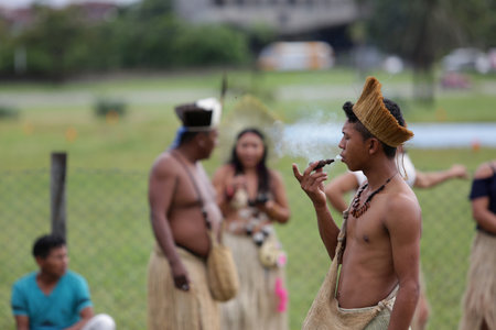 Salvador, Bahia, Brazil - May 29, 2017: Indians from various indigenous tribes of Bahia make camp at the Legislative Assembly, In the Administrative Center, in Salvador.のeditorial素材