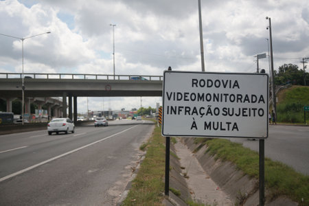 Salvador, Bahia, Brazil - April 11, 2022: traffic sign indicates surveillance on highway BR 324 in the city of Salvador.のeditorial素材