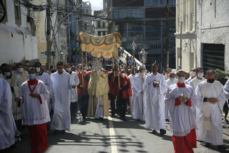 Salvador, Bahia, Brazil - June 16, 2022: Catholics celebrate Corpus Christi holiday with procession...