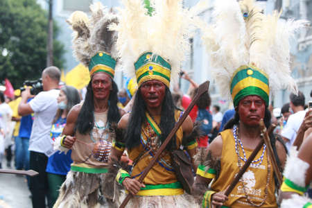 salvador, bahia, brazil - july 2, 2022: Indians participate in the civic parade on Dois de Julho in...