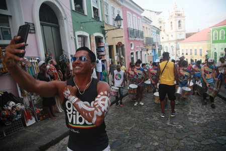 salvador, bahia, brazil - january 25, 2022: members of a percussion band are seen during a performance at Pelourinho in the city of Salvador.のeditorial素材
