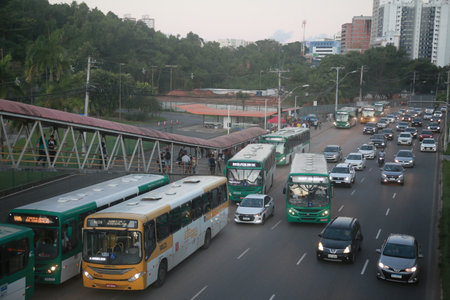Salvador, Bahia, Brazil - July 19, 2022: passengers waiting for a public transport bus at a stop in the city of Salvadorのeditorial素材