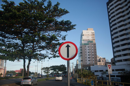 salvador, bahia, brazil - july 19, 2022: traffic signs indicating one-way traffic on a street in the city of Salvadorのeditorial素材