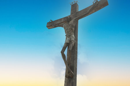 VitÃ³ria da Conquista, Bahia, Brazil - october 14, 2022: sculpture of the crucified christ is seen in the periperi mountain range in the city of VitÃ³ria da Conquista.のeditorial素材