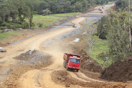 ilheus, bahia, brazil - may 23, 2022: Construction work on the BA 649 highway linking the municipalities of Itabuna to Ilheus in southern Bahia.のeditorial素材