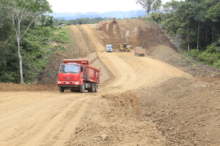 ilheus, bahia, brazil - may 23, 2022: Construction work on the BA 649 highway linking the municipalities of Itabuna to Ilheus in southern Bahia.のeditorial素材