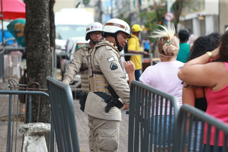 salvador, bahia, brazil - february 20, 2023: military police working at the 2023 carnival circuit in the city of Salvador.のeditorial素材