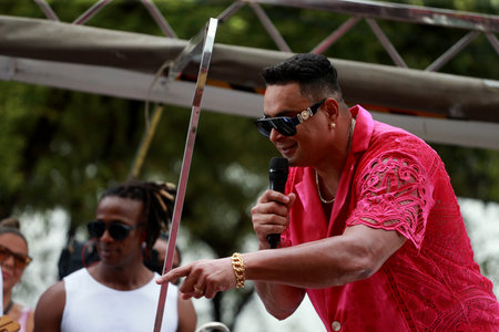 salvador, bahia, brazil - february 22, 2023: singer Xandy Harminia is seen singing in a trio eletrico during the canaval in the city of Salvador.のeditorial素材