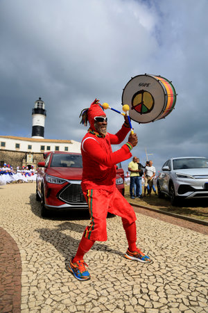 salvador, bahia, brazil - july 4, 2023: musician from the band Olodum performs at Farol da Barra...