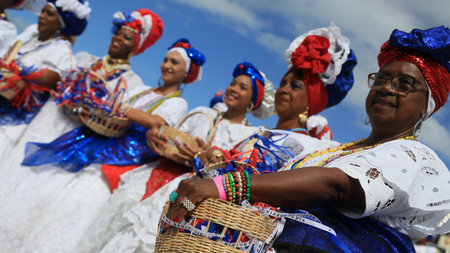 salvador, bahia, brazil - july 4, 2023: baianas make the reception at Farol da Barra during the factory launch of the Chinese automaker BYD, which will open a factory in the city of Camacari.のeditorial素材