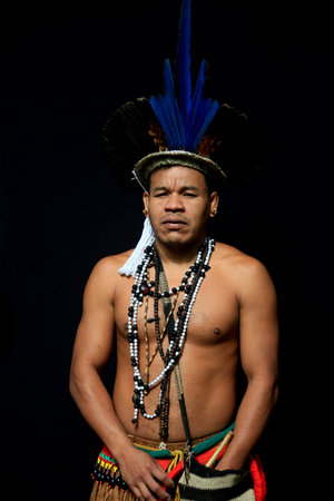 Porto Seguro, Bahia, Brazil - August 1, 2023: Etina Pataxo Indians seen during the Aragwaka festival in the Jaqueira village in the city of Porto Seguro.のeditorial素材