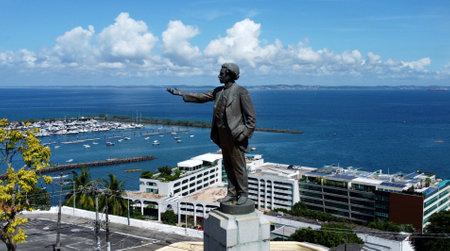 salvador, bahia, brazil - april 2, 2023: view of the statue of the poet Castro Alves and in the background the Baia de Todos os Santos in the city of Salvador.のeditorial素材