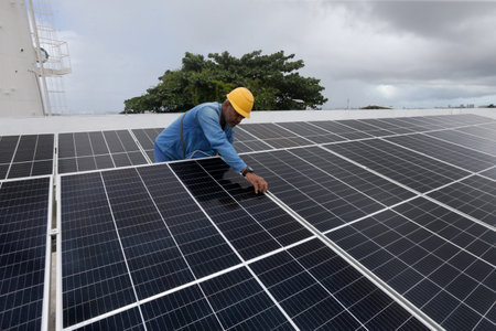 salvador, bahia, brazil - july 17, 2023: worker installs solar energy panels on the roof of a public school in the city of Salvador.のeditorial素材