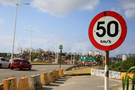 salvador, bahia, brazil - september 23, 2023: traffic sign indicating a speed of 50 kilometers per...