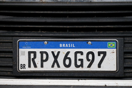 salvador, bahia, brazil - august 29, 2023: vehicle identification plate, model used in Mercursul on an automobile in the city of Salvador.のeditorial素材