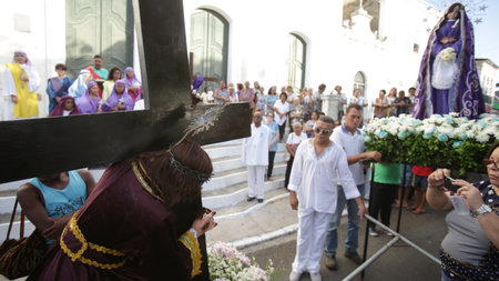 salvador, bahia, brazil - april 7, 2017: Catholics participate in a procession that remembers the...