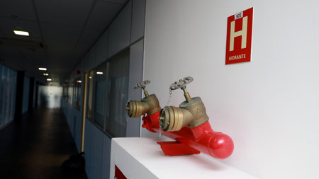 salvador, bahia, brazil - october 10, 2023: fire fighting hydrant seen in a commercial building in the city of Salvadorのeditorial素材