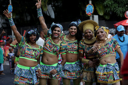 salvador, bahia, brazil - february 10, 2024: members of the As Muquiranas block are seen during the...