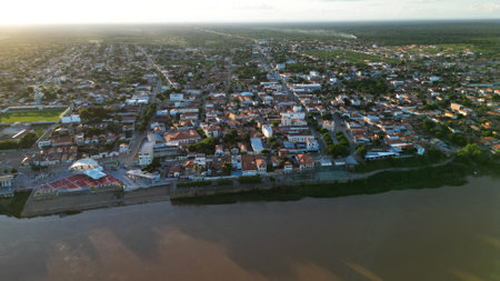 carinhanha, bahia, brazil - april 13, 2024: Aerial view of the Sao Francisco River in the city of Carinhanha.のeditorial素材