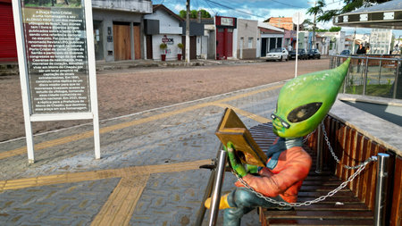 morro do chepeu, bahia, brazil - april 27, 2024: flying saucer displayed on a street in the city of...