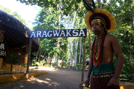 Porto Seguro, Bahia, Brazil - August 1, 2023: Etina Pataxo Indians seen during the Aragwaka festival...