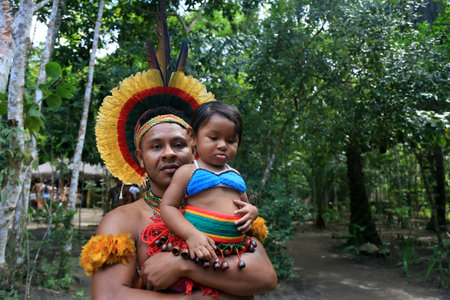 Porto Seguro, Bahia, Brazil - August 1, 2023: Etina Pataxo Indians seen during the Aragwaka festival in the Jaqueira village in the city of Porto Seguro.のeditorial素材