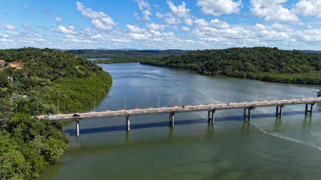 Ilheus, Bahia, Brazil - July 18, 2024: view of the Lomanto Junior Bridge, in Baia do Pontal, in the city of Ilheus.のeditorial素材