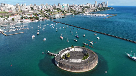 salvador, bahia, brazil - july 20, 2024: aerial view of the Sao Marcelo fort in the city of Salvador.のeditorial素材