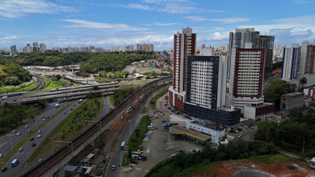 salvador, bahia, brazil - october 16, 2024: Aerial view of housing in a favela community in the city of Salvador.の写真素材
