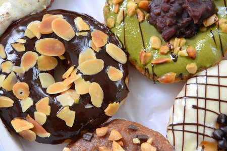 set of donuts in box close up