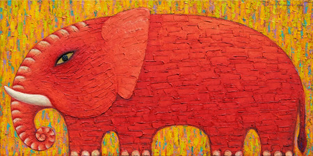 Red Elephant on yellow background. Original acrylic painting on canvas.の写真素材