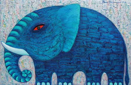 Blue Elephant in Silver. Original acrylic painting on canvas.の写真素材