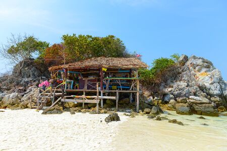 PHANG NGA,THAILAND - MARCH 24 :  Baboo bar on white sand beach at tropical island at Khai Nok island. - 24 March 2015, Phang Nga, Thailand.のeditorial素材