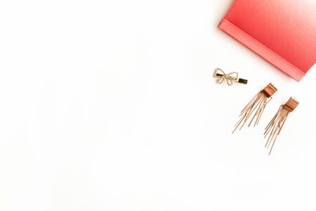 A pouch and woman accesories isolated on white background, Top view, copy space, Beauty conceptの写真素材