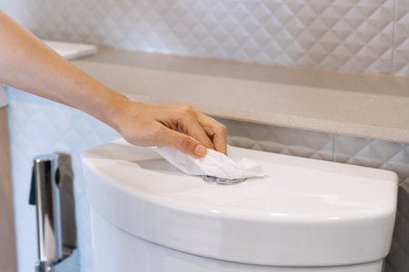 Close up of Asian woman hand flushing toilet with tissue paper to prevent direct contact for...