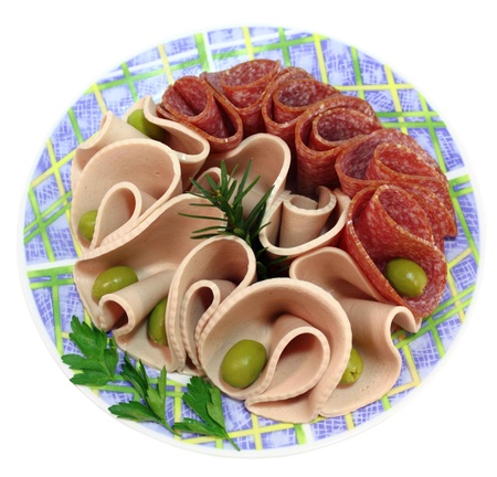 Extra cooked sausage and smoked sausage with olives の写真素材