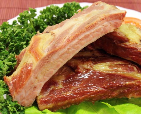 grilled pork ribs, with the lettuce and parsley の写真素材