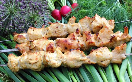 it is a chicken breast shashlik, made ââwith garlic leaves, dill, radishesの写真素材