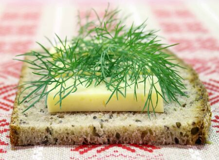 light grain bread with processed cheese slices and dillの写真素材