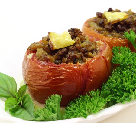 tomatoes stuffed with minced pork and sliced zucchiniの写真素材