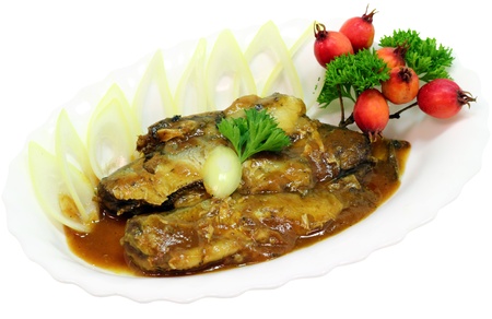 Sprat snacks tomato sauce on a white background の写真素材
