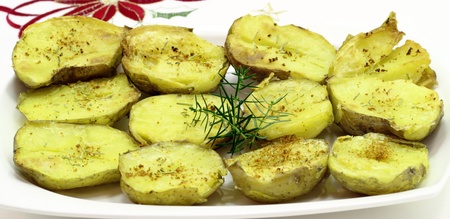 It is oven fried potato peel halvesの写真素材