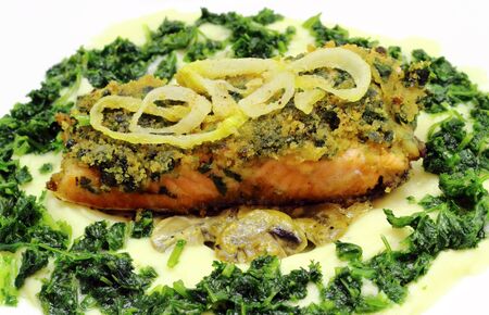 Fried salmon fillet with mashed potato, fried mushrooms and steamed parsleyの写真素材