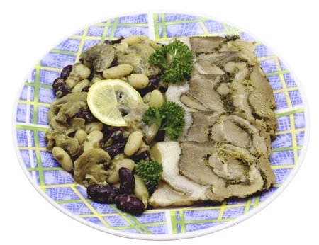 Sliced meat rolls and garlic, beans and mushrooms snack on a white backgroundの写真素材
