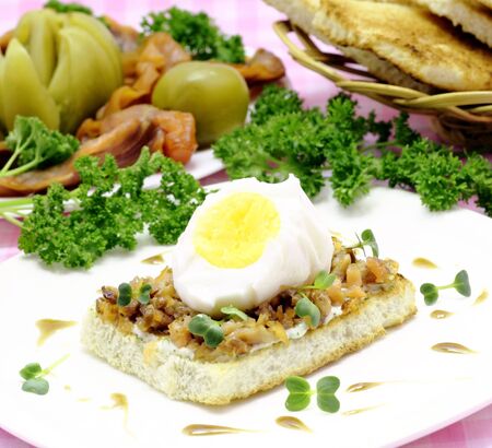 Sandwich with salmon and boiled egg on a white plate の写真素材