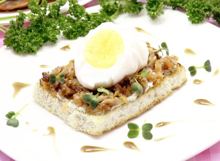 Sandwich with boiled egg and sliced smoked salmonの写真素材