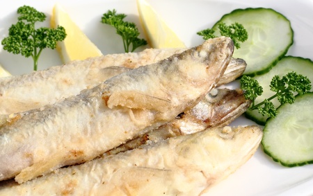 Freshly fried smelt served with cucumber and lemon の写真素材