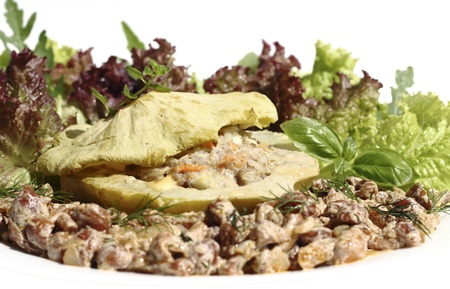 patisson stuffed with minced meat, served with vegetables and openky mushroom sauceの写真素材