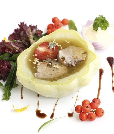 Tongue in  jelly stuffed into patty ,served with salad and mayonnaiseの写真素材