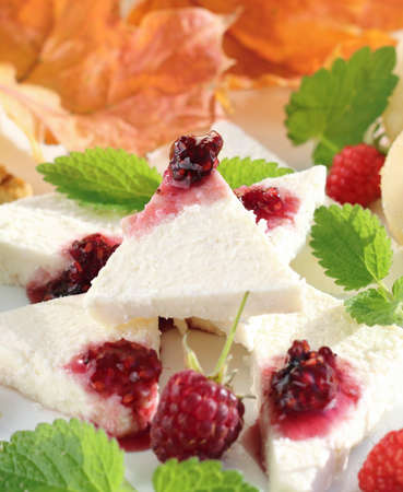 This curd cheese dessert with raspberry jamの写真素材